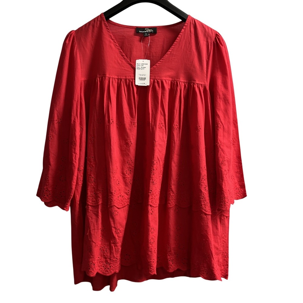 Susan Betro Top Red Cotton Crochet Ruffle‎ V Neck Tunic Size XL Boho Hippie